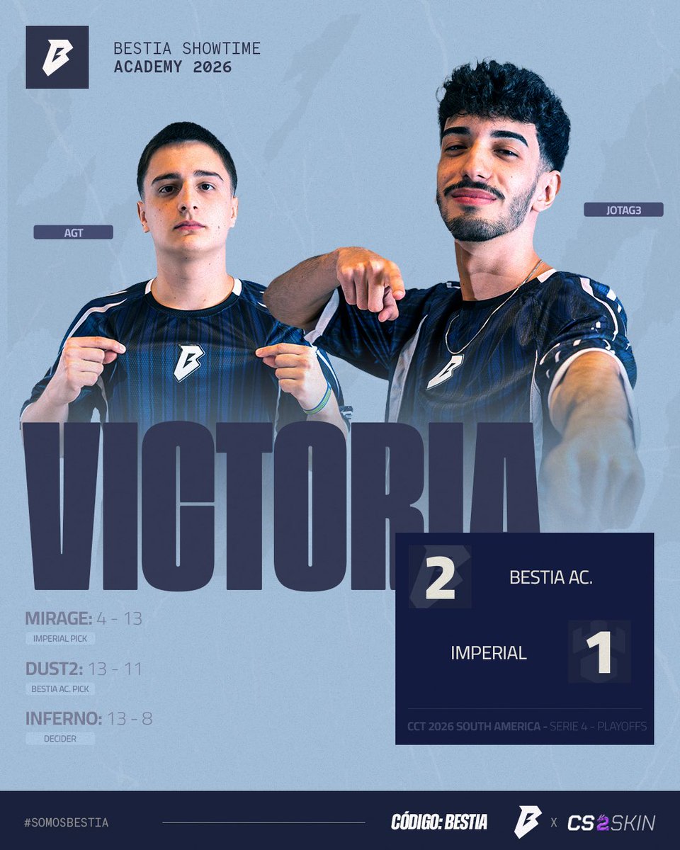 bestia_corp's tweet photo. PASAMOS A CUARTOS GANÁNDOLE A @imperialesports 👏🏻

gg a los rivales

#SomosBESTIA 😈 https://t.co/2JJbtiOD3D