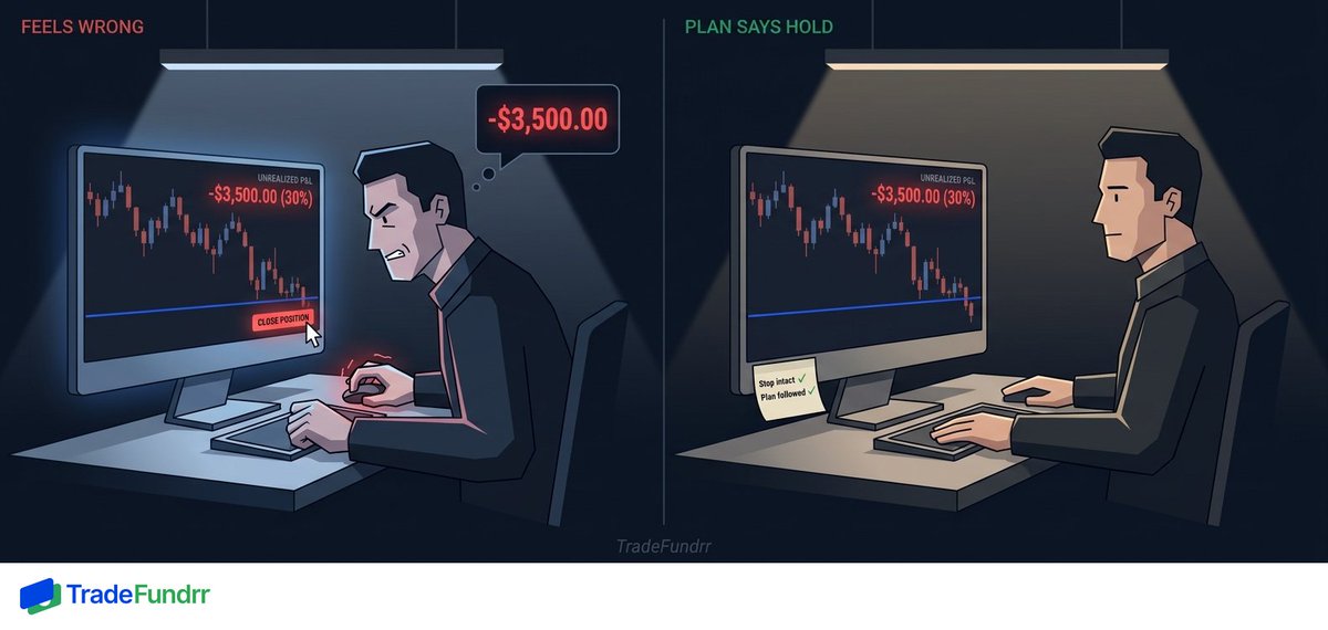 TradeFundrr's tweet photo. Discomfort is not a signal. Your stop is the signal. If price hasn't hit it, you're still in the trade.

Trading involves substantial risk. https://t.co/zmUbdI4k3X