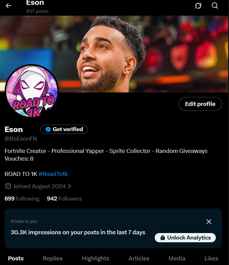 ItsEsonFN's tweet photo. 940 followers... ❤️

Thank you all so much for the support. It honestly means a lot! 🙌

Now it's time for the next milestone...

🚀 Road to 1,000 followers!

Let's keep growing together. Thank you for being part of the journey! 💙

#RoadTo1K #Fortnite #FortniteCommunity https://t.co/OCo8gjCzvb