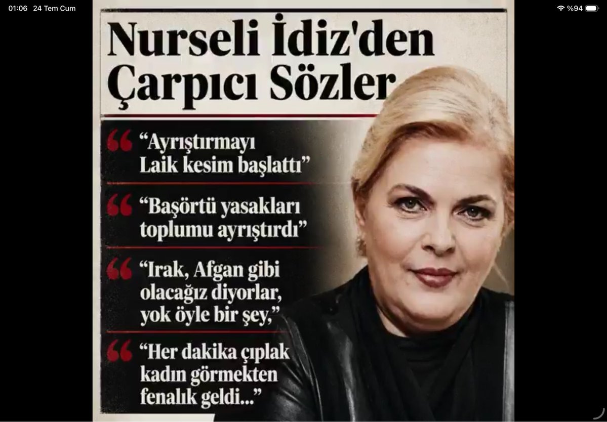 yenisafakwriter's tweet photo. Oyuncu Nurseli İdiz’den çarpıcı gözlemler:

• Ben sol görüşlü bir insanım, doğru neyse onu söylerim. “Bu iktidar toplumu ayrıştırıyor” diye şikayet edenler var. Asıl ayrıştırmayı başlatan laik kesim. Başörtüsünü yasakladılar, insanlar mağdur oldu. 

• Şimdi “Afganistan İran olacağız” falan diyorlar. Yok böyle bir şey. Sokaklarda kendileri donla dolaşıyorlar. Her dakika çıplak kadın görmekten fenalık geldi.