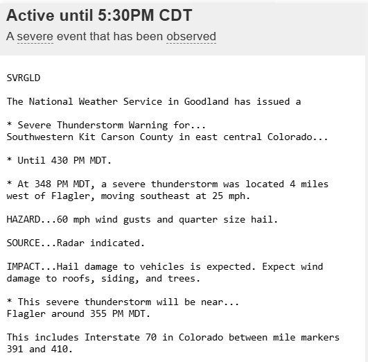 Jasamsdestiny's tweet photo. #Colorado
Severe Thunderstorm Warning for SW #KitCarsonCounty in Colorado til 4:30pm MDT. At 3:48, a severe thunderstorm was located 4 miles west of #Flagler, moving SE at 25. 60 mph wind gusts & quarter size hail.
#cowx https://t.co/7EW7JGCims