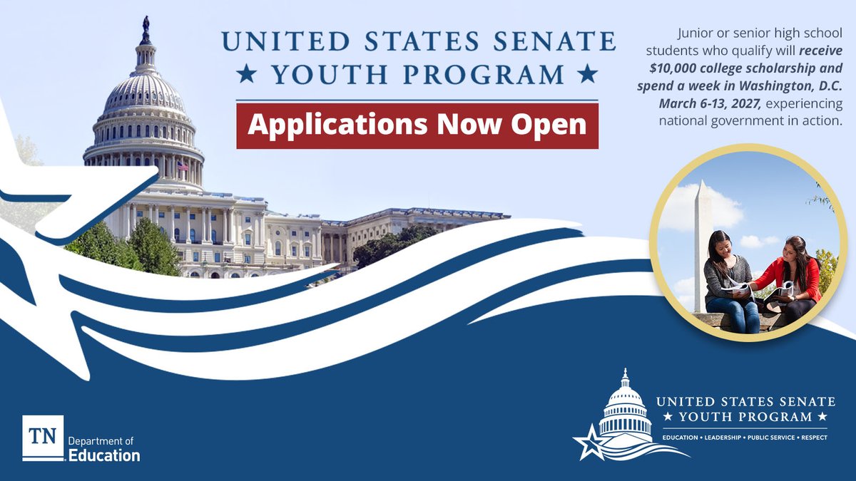 TNedu's tweet photo. Calling all Tennessee high school juniors and seniors!

The United States Senate Youth Program is an incredible opportunity for student leaders to experience Washington, D.C., meet national leaders, and expand their understanding of public service. Two students from Tennessee will be selected to attend the 65th Annual Washington Week, March 6-13, 2027.

Applications are due September 24, 2026. Learn more and apply: https://t.co/vRaeQ8O4xy