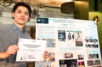 airoa_org's tweet photo. 🏆 Best Poster Award at RSEI 2026

On July 20, Take Ohkawa (@tkhkaeio) of AIRoA presented the following work in both an oral presentation and a poster session at the Research Summit for Egocentric Intelligence 2026, held at Meta’s Redmond campus, and received the Best Poster Award.

“EgoYUBIs: Portable Robot Data Collection with Bimanual Handheld Grippers via Egocentric Perception”

The research proposes a portable robot data-collection approach combining egocentric perception with YUBI, a bimanual data-collection device, and evaluates the effectiveness of the collected data for robot learning.

Congratulations to Take and the entire development team!

#AIRoA #YUBI #Robotics #RobotLearning #EgocentricAI