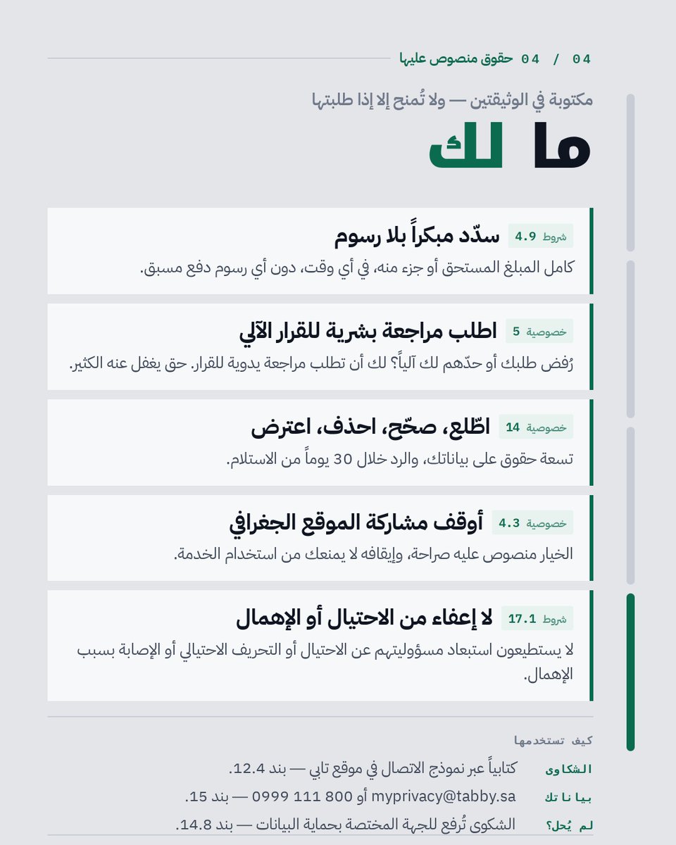 omariaso's tweet photo. إذا تستخدم #تابي … أشياء لازم تعرفها عن #سياسة_الخصوصية المحدثة و الشروط والأحكام 

قرأت شروط تابي وإشعار الخصوصية كاملين. أربع صور، وكل نقطة برقم بندها عشان تتحقق بنفسك 
أكثر بند لازم تعرفه: التزامك بالدفع مستقل تماماً عن التاجر. وصلك تالف أو ما وصل؟ تسدّد كامل، وتلاحق التاجر. https://t.co/XPgO0xX2XZ