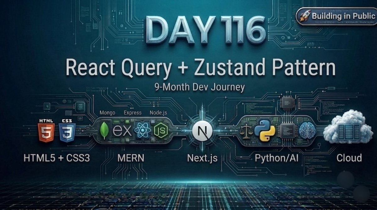 Iconic_Vic's tweet photo. Day 116 ✅

Today I mastered:
• Server state → React Query (API data)
• Client state → Zustand (UI filters)
• Separation of concerns
• Filters trigger refetch
• Query keys with dependencies
• Zustand persistence

#100DaysOfCode #ReactQuery #Zustand https://t.co/0yn0YGUaW6