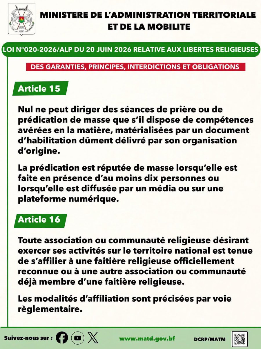 AESinfos's tweet photo. #AESinfo | #BurkinaFaso🇧🇫
Loi N°020-2026/ALP du 20 juin 2026 relative aux libertés religieuses. 

Cette nouvelle réglementation détermine les garanties, principes, interdictions et obligations de la liberté religieuse. https://t.co/do9dBMiL4T