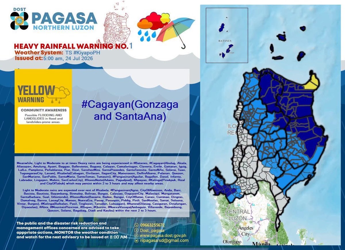ABSCBNNews's tweet photo. PAGASA HEAVY RAINFALL WARNING
for #KiyapoPH and Habagat
5AM, July 24, 2026

🔴 Red Warning Level
• southern Antique
• southwestern Iloilo
• Guimaras

🟠 Orange Warning Level
• central Antique
• central Iloilo
• southern Negros Occidental

🟡 Yellow Warning Level
• northeastern mainland Cagayan
• northeastern Iloilo
• northern Negros Occidental
• southern Negros Oriental

⚠️ Flooding and landslides are possible in many areas

Next update at 8AM. | #WeatherPatrol via @arielrojasPH