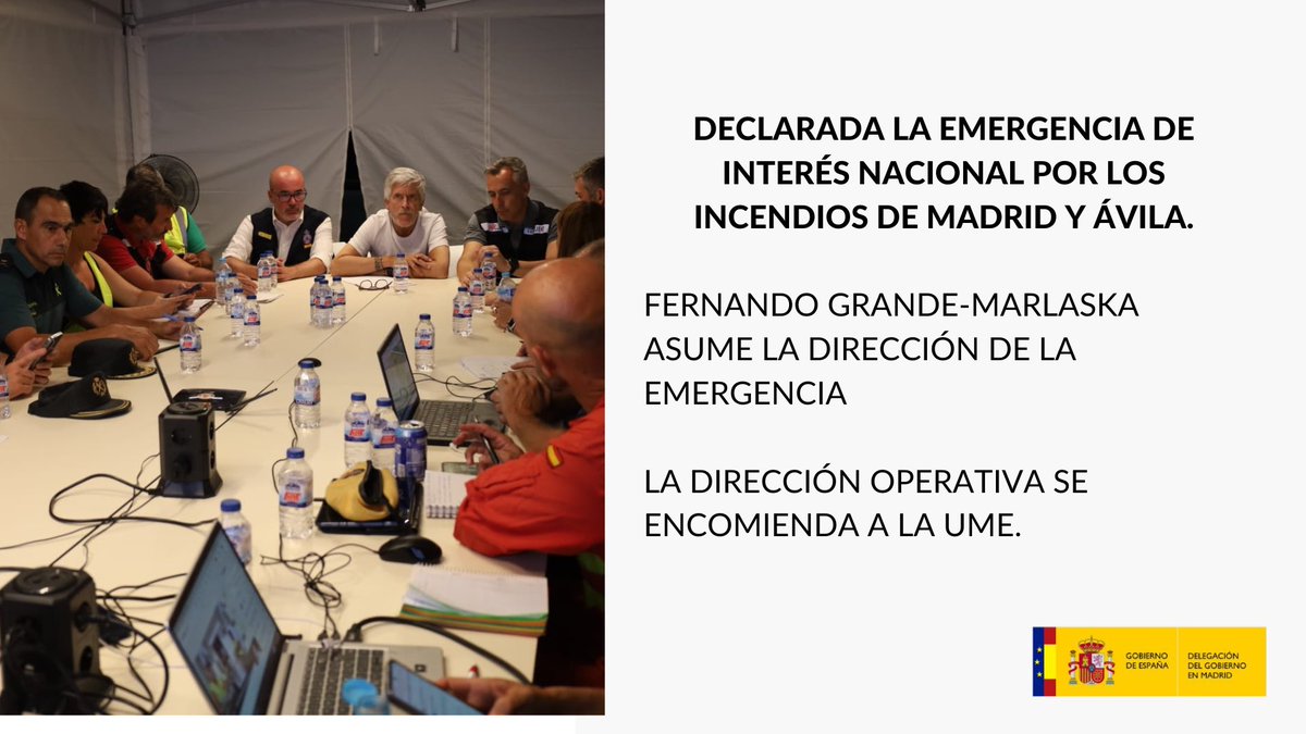 DGobiernoMadrid's tweet photo. Declarada la emergencia de interés nacional por los incendios forestales que afectan a la Comunidad de Madrid y Ávila.

El ministro del @interiorgob, Fernando Grande-Marlaska, ha asumido la dirección de la emergencia tras declarar el nivel de interés nacional ante la evolución de los incendios de Villa del Prado, San Martín de Valdeiglesias y Burgohondo, y la complejidad de la situación.

La dirección operativa se encomienda a la UME, que coordinará el dispositivo junto al conjunto de administraciones para proteger a la población y avanzar en las labores de extinción.

#IFVillaDelPrado #IFSanMartinDeValdeiglesias #IFBurgohondo