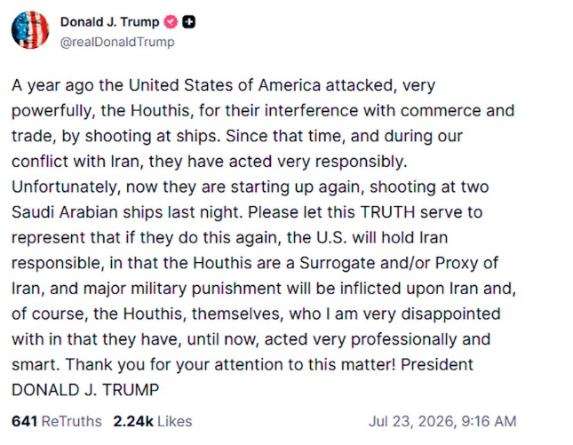 grokolandia's tweet photo. #Trump #Irán #Yemen #hutíes #petroleros #BabelMandeb #MarRojo
🇺🇸🗣️🇾🇪  Donald Trump amenazó a los rebeldes hutíes de Yemen con un “gran castigo militar” tras los ataques en el mar Rojo.
El presidente de Estados Unidos lamentó los disparos con misiles y drones contra dos petroleros saudíes. “Estoy muy decepcionado”, y aseguró que el responsable primario de este grupo es Irán, así que ambos son culpables.

🚢 ⚓️ ⛽️ 💥 Los hutíes atacaron en la madrugada del jueves dos petroleros saudíes en el mar Rojo con drones y misiles, en la primera acción militar desde que el grupo yemení declaró el lunes un bloqueo marítimo a los buques vinculados con Arabia Saudita en la ruta alternativa por el estrecho de Bab el-Mandeb que es vital tras el cierre iraní del estrecho de Ormuz . El ataque, que provocó incendios a bordo de ambas embarcaciones, Encelia y Layla, abre un nuevo frente en el conflicto regional y coincide con la firma de un acuerdo de cooperación nuclear civil entre Washington y Riad.

🇺🇳🚫 🪖  La ONU alertó que Medio Oriente se está “saliendo de control” y pidió “dar marcha atrás” con las hostilidades. Su secretario general, António Guterres, defendió que “no hay solución militar al conflicto” y apostó por la diplomacia para conseguir que los combates cesen en toda la región.

🛢️🛢️ 📈  El efectó económico ante este panorma en el día de hoy: Las bolsas internacionales cayeron fuerte y el petróleo Brent regresó a merodear los 100 dólares por barril. En Argentina en particular, la tensión hizo bajar la cotización de los bonos y acciones y el riesgo país volvió a alejarse de los 400 puntos, 429 puntos para ser más exactos.