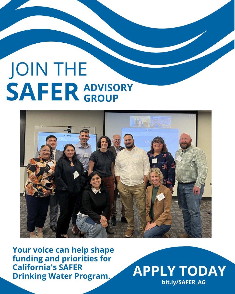 CaWaterBoards's tweet photo. Apply Now! The SAFER Advisory Group provides the State Water Board with advice and feedback on funding and priorities for the SAFER Drinking Water Program. 
Applications close August 31, 2026
https://t.co/C6fRhu83ez https://t.co/ULzJgtgqaV