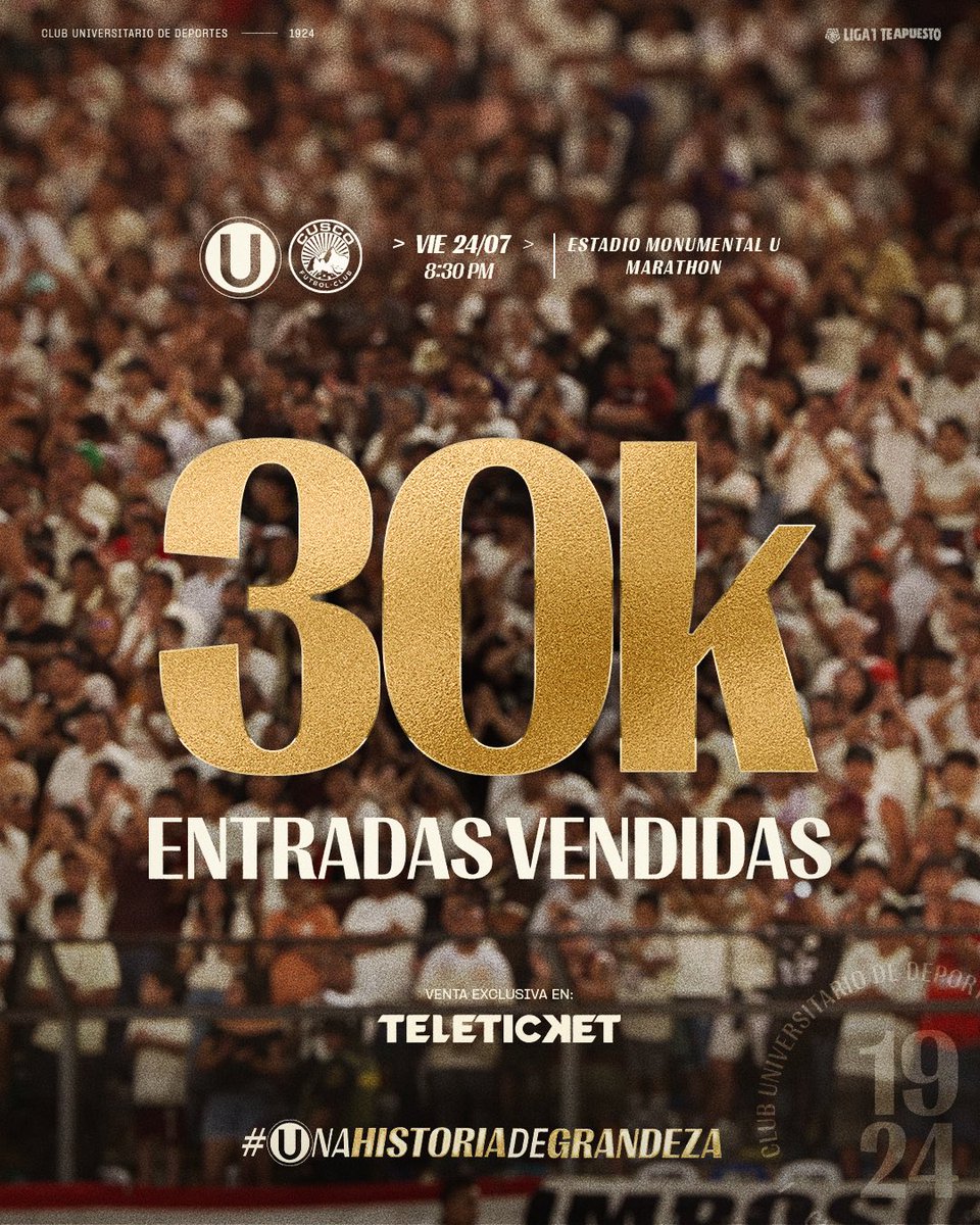 Universitario's tweet photo. 𝗦𝗜𝗘𝗠𝗣𝗥𝗘 𝗔 𝗧Ⓤ 𝗟𝗔𝗗𝗢 💛

Ya son más de 30 mil los cremas confirmados, entre tribunas y palcos, para nuestro partido ante Cusco FC.

🎟️ ¡A llenar las tribunas del @Monumental_U_! ▶️ https://t.co/6yT1PIN2ek

#UnidosOtraVez
#UnaHistoriaDeGrandeza https://t.co/lFeZuhjyJp