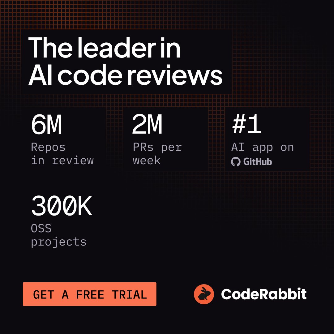 coderabbitai's tweet photo. Cut Code Review Time and Bugs in Half. Sign up for a free trial!