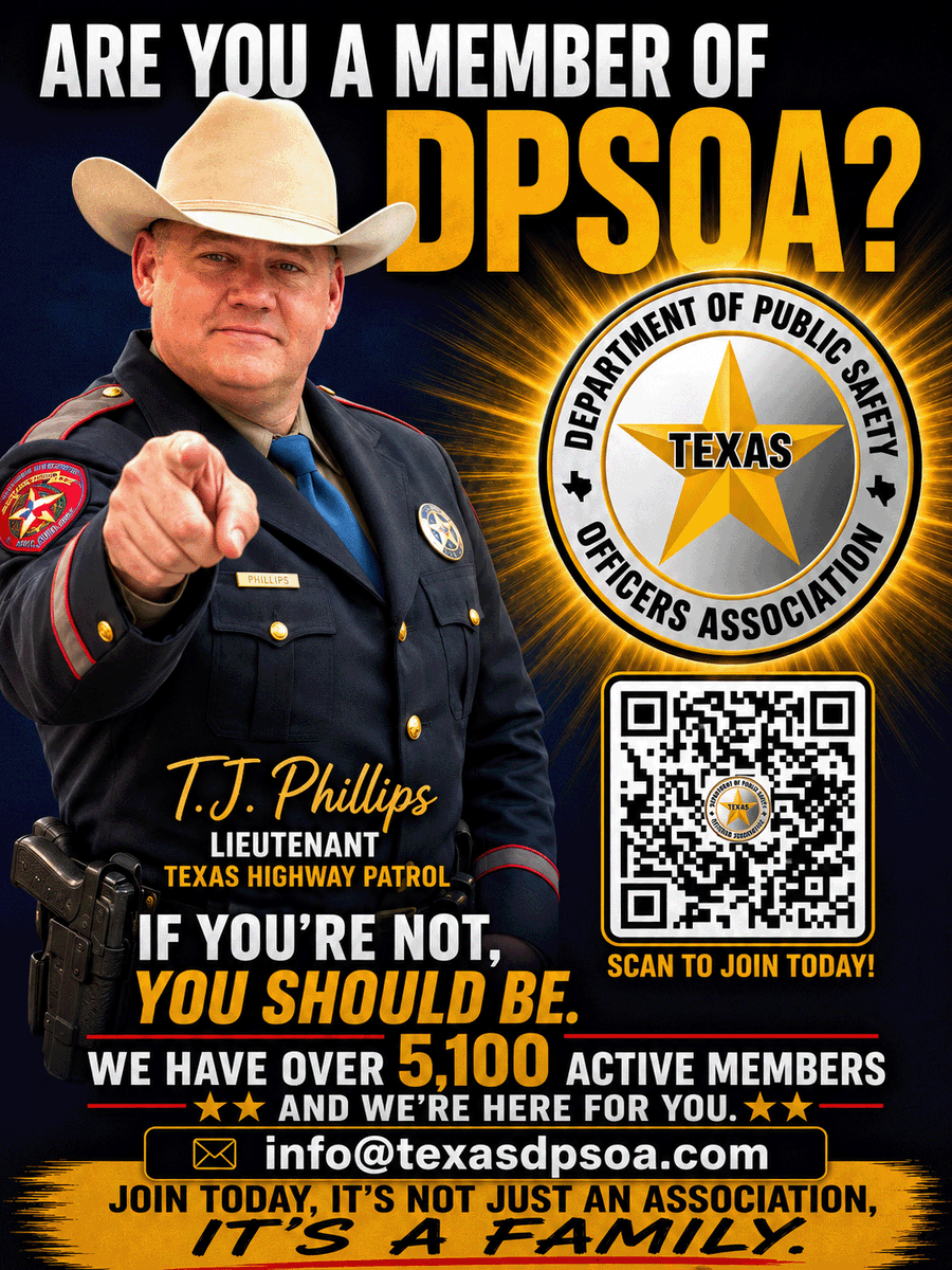 texasdpsoa's tweet photo. Who stands beside you?

DPSOA does.

For more than 50 years, we've advocated for Texas Department of Public Safety professionals through legislative advocacy, member support, scholarships, legal resources, and more.

Join 5,100+ active members.

📲 Scan the QR code to join today.

#DPSOA #TexasDPS #PublicSafety #LawEnforcement #ServingThoseWhoServe
