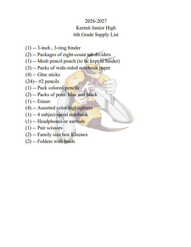 KermitJHS's tweet photo. Kermit Jr High 2026-2027 School Supply List https://t.co/mi7ob3sdNy