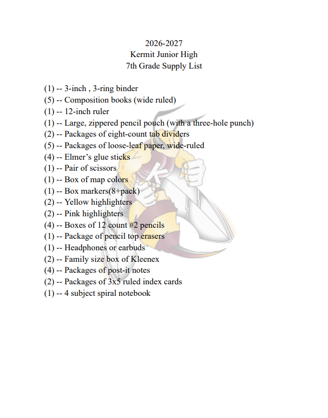 KermitJHS's tweet photo. Kermit Jr High 2026-2027 School Supply List https://t.co/mi7ob3sdNy