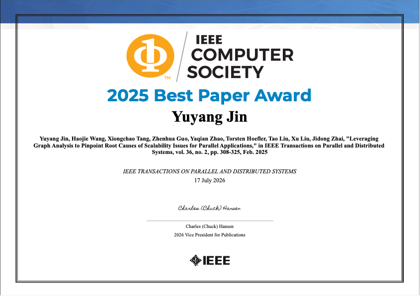 thudcst's tweet photo. Big congratulations to Tsinghua University’s HPC team! Their paper, “Leveraging Graph Analysis to Pinpoint Root Causes of Scalability Issues for Parallel Applications,” won the 2025 IEEE TPDS #TPDS Best Paper Award, the sole winner among 193 papers published that year. 🎉 https://t.co/aF3ojUxozL