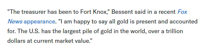 janeway888's tweet photo. The Fort Knox Bullion Depository (1936)-a highly fortified vault adjacent to the US Army post in Fort Knox KY (1918)-currently holds 147.3M oz gold ($608B)-only part of US reserves.

"The US has the largest pile of gold in the world-over $1T at current market value"-Scott Bessent https://t.co/2r7Se5szpF