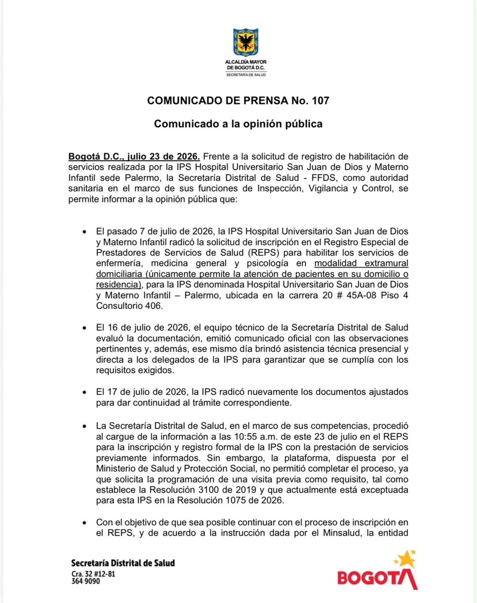 SectorSalud's tweet photo. 🚨#Atención | Frente a la solicitud de registro de habilitación de servicios presentada por la IPS Hospital Universitario San Juan de Dios y Materno Infantil, sede Palermo, y en cumplimiento de sus funciones de Inspección, Vigilancia y Control, @SectorSalud informa👇🏻 https://t.co/Sb7a8qiiKS