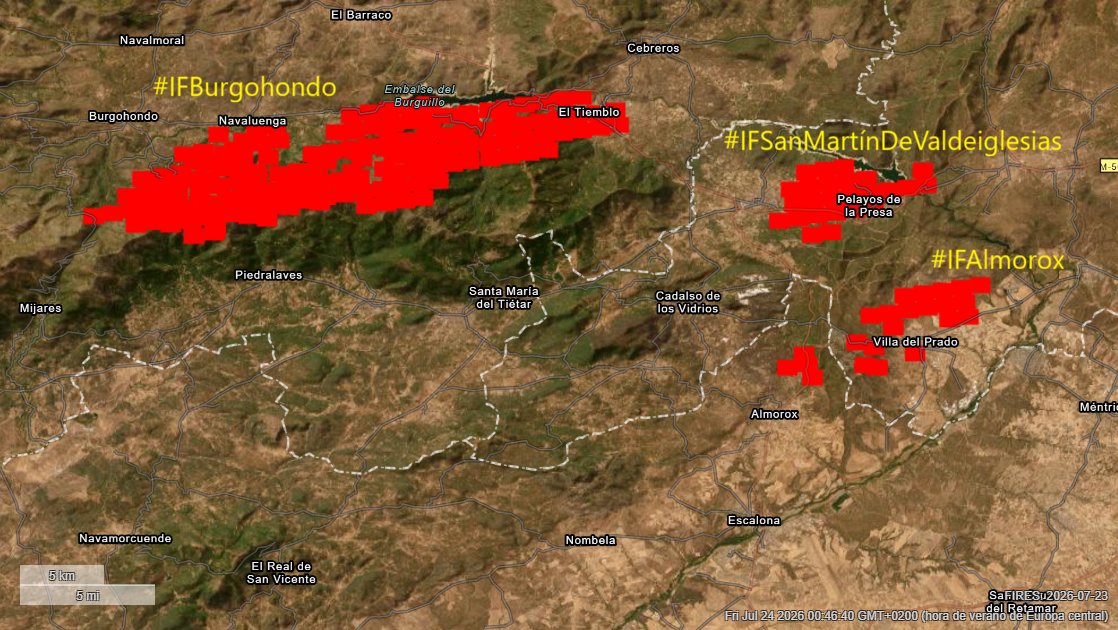 El_Batefuegos's tweet photo. #IFBurgohondo #Ávila
#IFSanMartínDeValdeiglesias #Madrid 
#IFAlmorox #Toledo
Nivel 3

Los puntos de calor captados por los sensores #MODIS y los #VIIRS nos dan una visión global de los incendios

#IIFF https://t.co/fik56duXh6