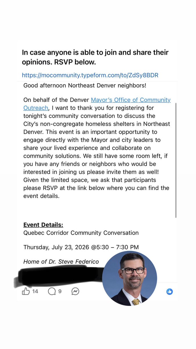 dobetterdnvr's tweet photo. Is this what “community outreach” looks like now? 👀

The Mayor’s Office of Community Outreach is hosting a “community conversation” tonight about the City’s non-congregate homeless shelters in Northeast Denver…

…at the private home of Dr. Steve Federico, Chief Government & Community Affairs Officer at Denver Health.

No broad public posting. Limited space. Private residence.

Denver Health is a close institutional partner with the Mayor’s office on housing, shelter, and health-funding initiatives AND a direct beneficiary of related bonds and measures. 💰

Anyone else finding this a little shady for something labeled “community outreach”?