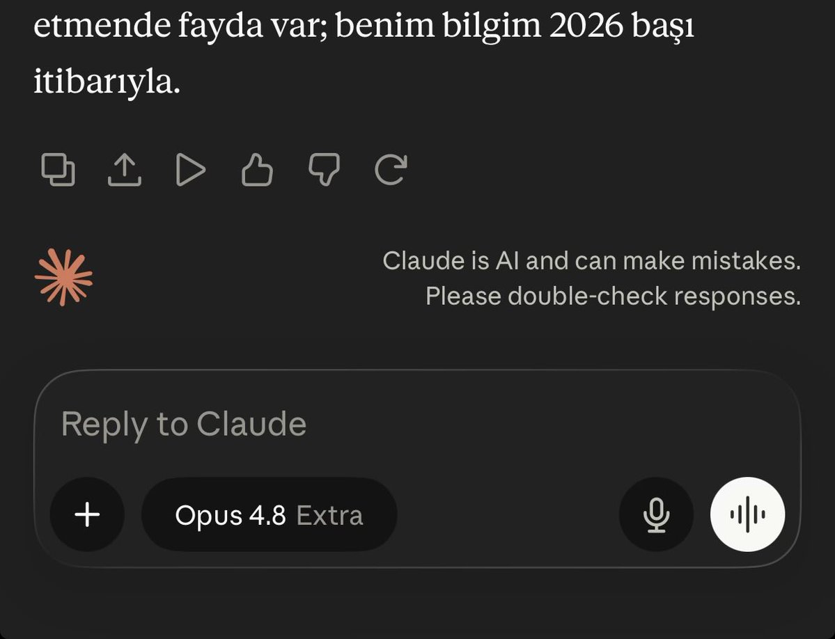 karamannogluu's tweet photo. Claude’un Opus 4.8 Extra modelinde sürekli güncel bilgi disclaimerı alıyorum. Web search ve deep search kapalı. 
Sanırım artık sıra agentların güncel bilgi/geçmiş bilgi hiyerarşisinde hangisini vereceği sorununu halletmekte. https://t.co/hQY4aLCOx0