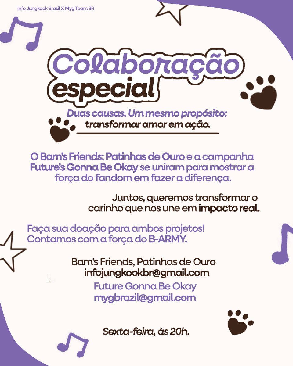 InfoJungkookBR's tweet photo. Duas causas. Um mesmo propósito.

A @InfoJungkookBR e a @mygteambr  se uniram para transformar o amor pelo BTS em ações reais.

🐾 Bam’s Friends: Patinhas de Ouro
💙 Future’s Gonna Be Okay

Projetos diferentes, mas com o mesmo objetivo: fazer a diferença através da união do fandom. 💜

🗓️ Amanhã, às 20h (BRT)