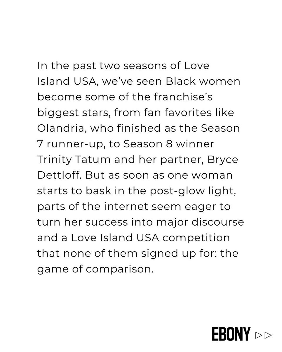 EBONY's tweet photo. As @loveislandusa continues creating new opportunities for Black women, too many conversations still turn into comparisons... measuring followers, partnerships, and popularity instead of celebrating the fact that more Black women are thriving. 🖤

Tap the link for more surrounding the conversation: https://t.co/wzLM3Nlcsz