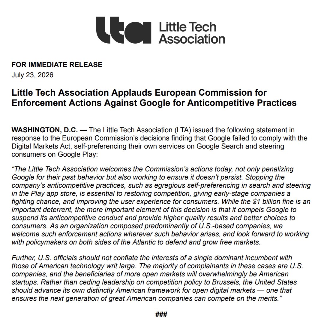 LittleTechOrg's tweet photo. We've got a different take. Our response to today's DMA news 👇👇 https://t.co/8n1Zux7qZ1