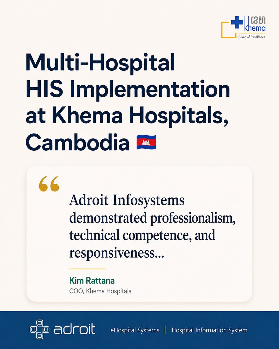 AdroitInfosys's tweet photo. One HIS. Multiple Hospitals. Built to Scale.

Since 2019, Adroit’s eHospital Systems has expanded with Khema Hospitals in Cambodia, supporting additional hospital rollouts in 2020 and 2022.

Scalable HIS means growing without starting over.

https://t.co/FePeavVsqb

#DigitalHealth