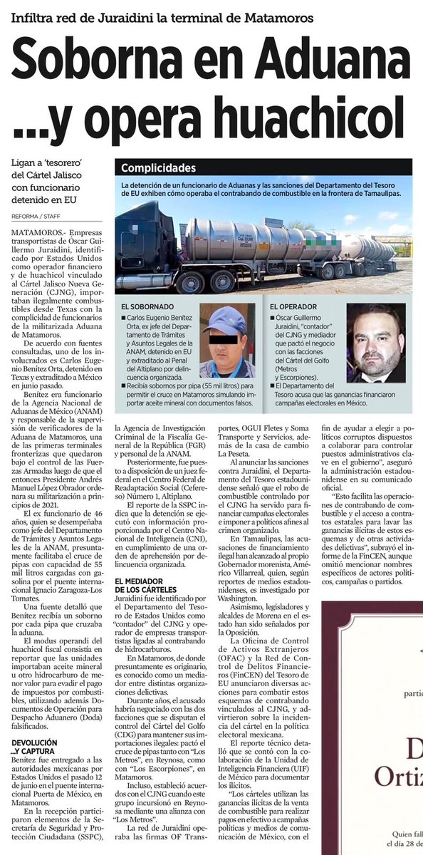 FDoringCasar's tweet photo. Mientras @USTreasury identifica y sanciona a Óscar Guillermo Juraidini Silva como cerebro de las operaciones de #HuachicolFiscal del CJNG y "el mediador" con los cárteles, por eso a través de OFAC y con una alerta de @FinCENnews se obligó a actuar a la UIF, su hermana Analee de Jesús Juraidini Silva SIGUE siendo Jefa del Departamento de Trámites y Asuntos Legales en la aduana de Matamoros, curiosamente desde agosto de 2019

Este caso de las autoridades de Estados Unidos, que NO de @GabSeguridadMX, llegó a la detención en 🇺🇸 y extradición a 🇲🇽de un exfuncionario de @AduanasMx que fue remitido al altiplano

Al grado de