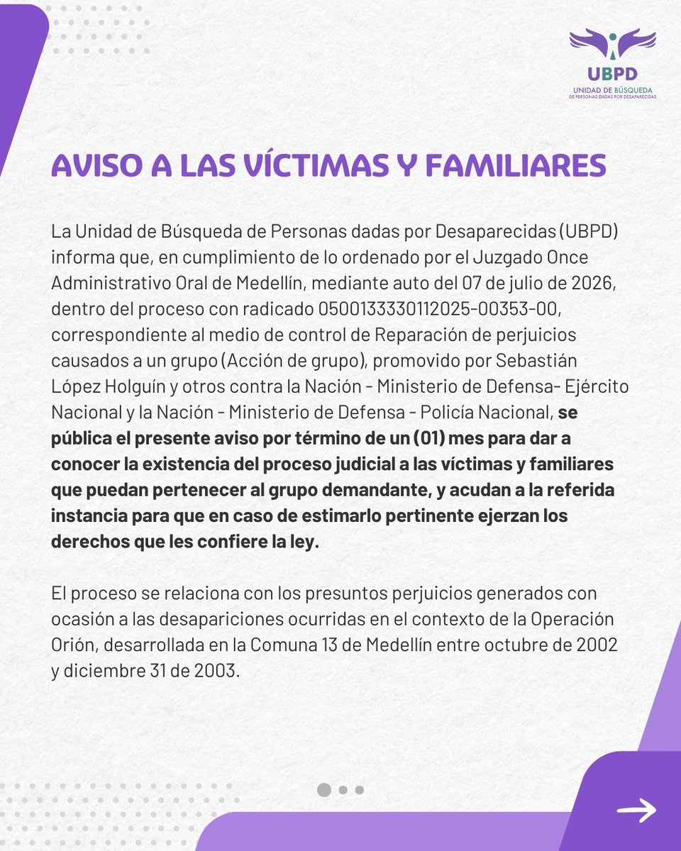 UBPDcolombia's tweet photo. 🟣 #ComunicadoUBPD | Aviso a las víctimas y familiares. ⬇️ https://t.co/sZnPiOoUzW https://t.co/iESfoYKdQF