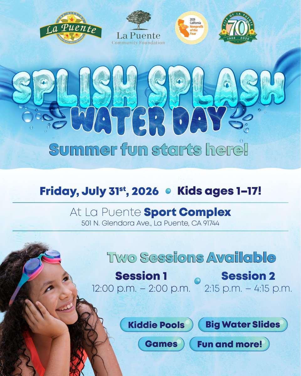 CityofLaPuente's tweet photo. 💦🎉 Make a splash at Splish Splash Water Day!
Enjoy water slides, pools & summer fun for kids ages 1–17. 🌊☀️
📅 July 31
📍 La Puente Sports Complex
📲 Register: https://t.co/YxlK2NufET
#LaPuente #SplishSplash #SummerFun #WaterDay #Community https://t.co/hP7Xer1xGu