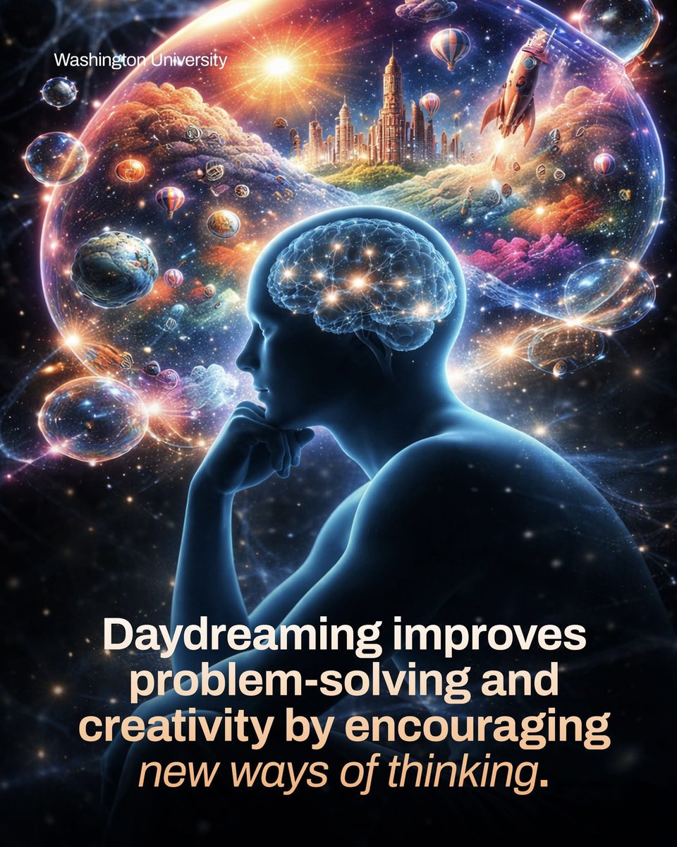 NextScience's tweet photo. 🧠 Your Brain Solves Problems When You Stop Thinking

What if the answer you're searching for appears the moment your mind starts to wander? 

Scientists say daydreaming isn't just a distraction. It gives your brain the freedom to make unexpected connections, often leading to creative ideas and those amazing "aha!" moments. Sometimes, the best solutions come when you're not trying so hard.

Source:
Washington University in St. Louis, Olin Business School; Agnoli, S., Vanucci, M., Pelagatti, C., & Corazza, G. E. Creativity Research Journal.