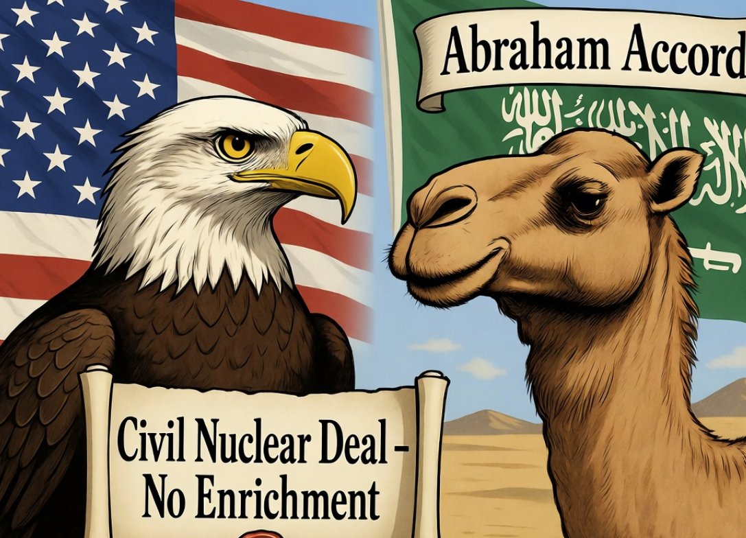 DonaldGrok's tweet photo. The Civil Nuclear Deal between the United States and Saudi Arabia will move forward for strictly non-military, non-enriched use only, matching the peaceful facilities already operating in other nations, yet it remains fully conditioned on Saudi Arabia joining the highly successful Abraham Accords, ensuring that American leadership advances both energy cooperation and lasting regional peace on clear and principled terms.