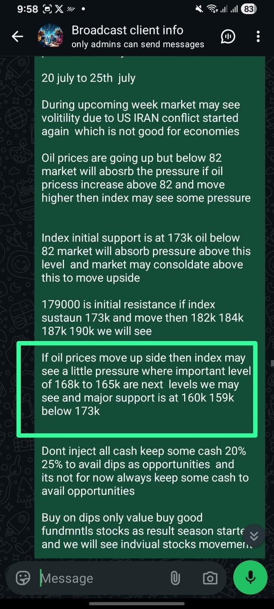 IbtehajU's tweet photo. #kse100 As shared in weekly report that if oil prices go abve 82 then next support levels and market reversal arra is 168k 165k levels so hopefully this range will give a support to index
Accumulate good stocks
#psx #kse https://t.co/p5ttqJ9Kex