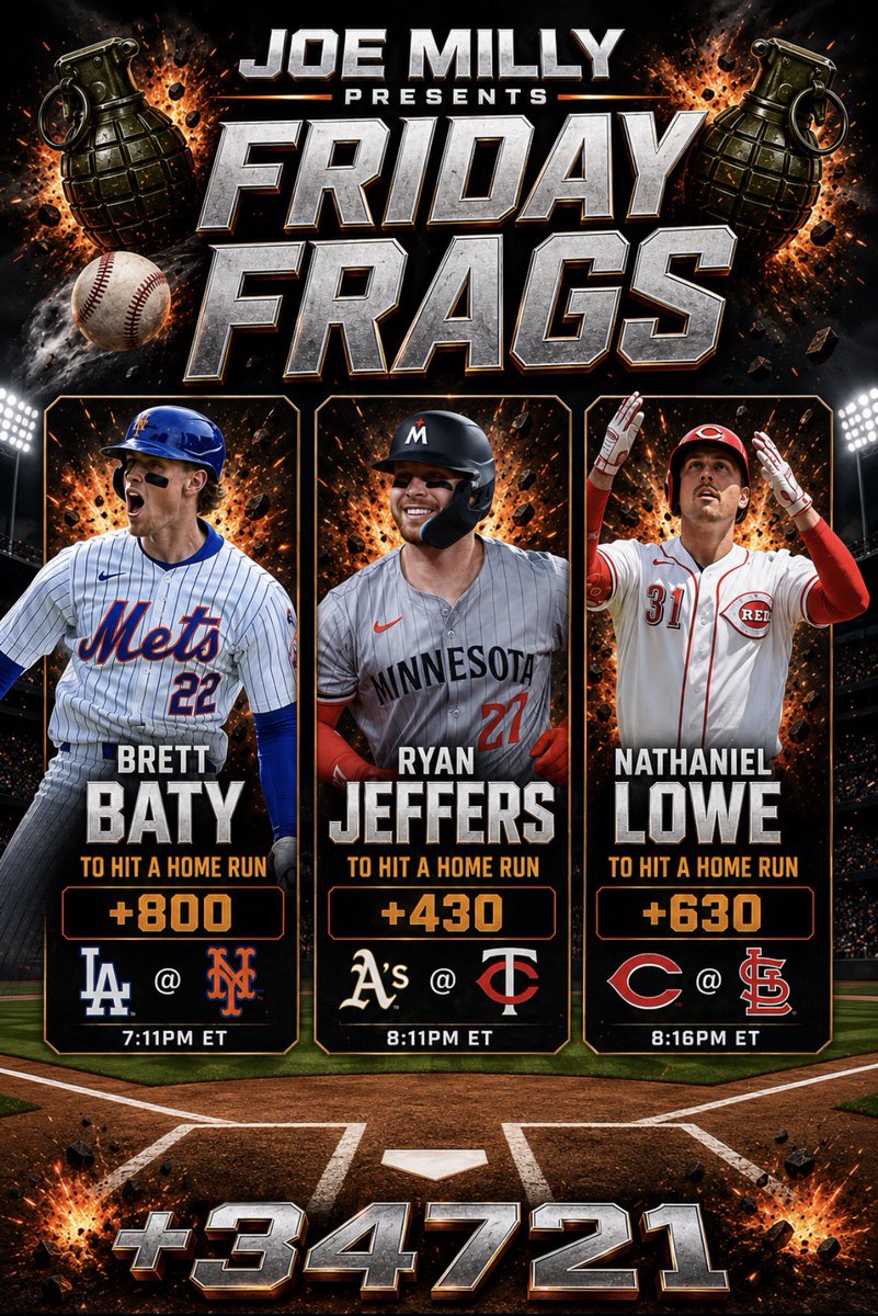JoeMilly's tweet photo. Friday Frags 💣⚾️
These odds will be half by tomorrow
@budbongsandbets x @gambly https://t.co/cA5BCyHuLB