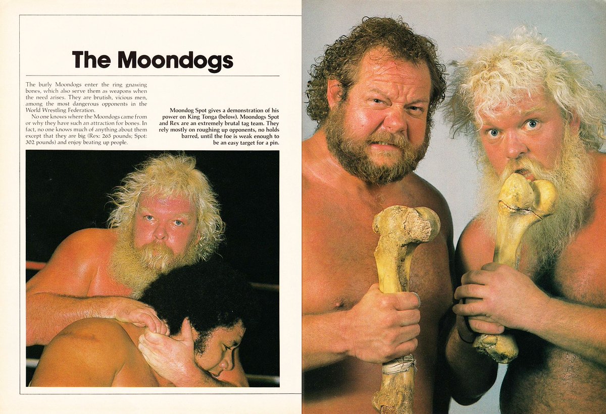 WWFWrestling1's tweet photo. Profile of The Moondogs from the first WWF Superstars magazine published in 1986. 🦴 #WWF #WWE #Wrestling #TheMoondogs https://t.co/9ZjxbQHVzI
