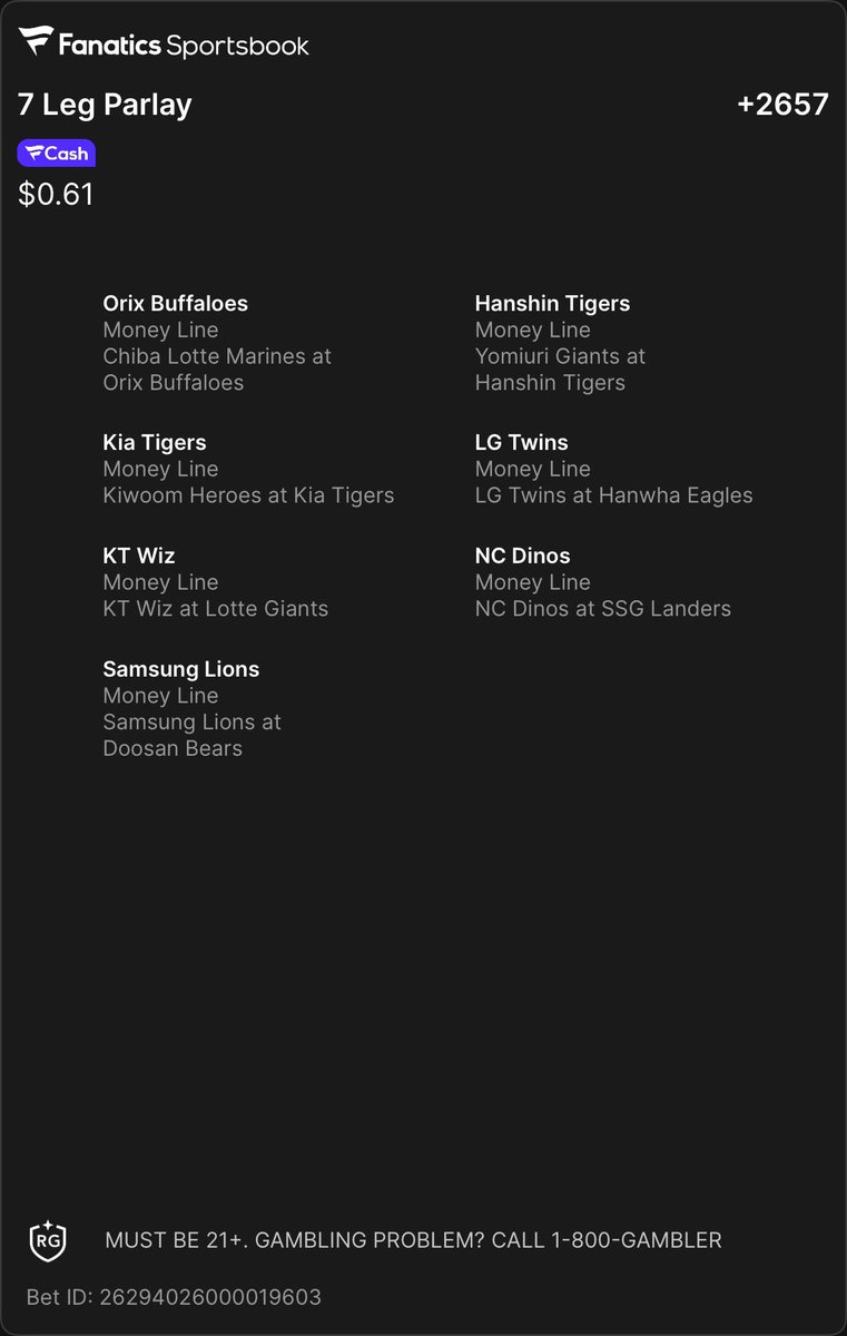 6GSZN's tweet photo. 🌏 NPB + KBO 🏟️  

🇯🇵 hanshin tiger ML
🇯🇵 Orix ML
🇰🇷 Kia Tigers ML
🇰🇷 Samsung Lions ML
🇰🇷 KT Wiz ML
🇰🇷 LG Twins Ml
🇰🇷 NC Dinos ML

💵 $25 ➡️ $689🪄💰

Wake up Green ✅ 

#NPB #KBO #GAMBLINGX https://t.co/kXYEsaTGEb