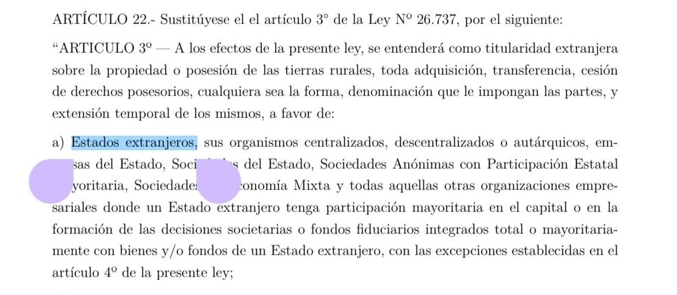 PAPAELDERs's tweet photo. @ditulliojuli No solo a cualquier persona o sociedad, la ley permite a ESTADOS EXTRANJEROS comprar territorio argentino. Es como que Chile nos compre la Patagonia o Reino Unido las Malvinas. https://t.co/KEmm5jfWxw