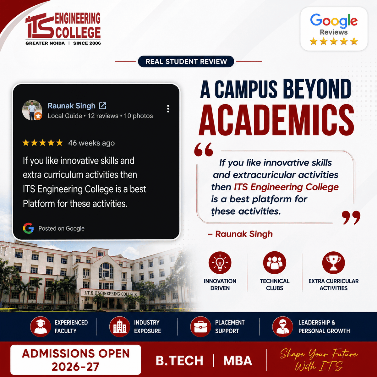 ITSEngggn's tweet photo. Our students say it best!
From innovation and extracurricular activities to a vibrant campus environment, here's what students love about I.T.S Engineering College, Greater Noida.

Swipe through real Google Reviews and discover why students choose I.T.S. https://t.co/B2cpXBgXS0