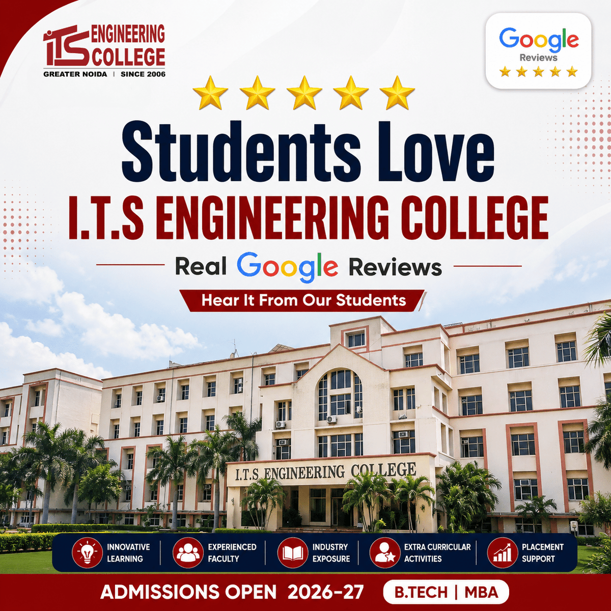 ITSEngggn's tweet photo. Our students say it best!
From innovation and extracurricular activities to a vibrant campus environment, here's what students love about I.T.S Engineering College, Greater Noida.

Swipe through real Google Reviews and discover why students choose I.T.S. https://t.co/B2cpXBgXS0