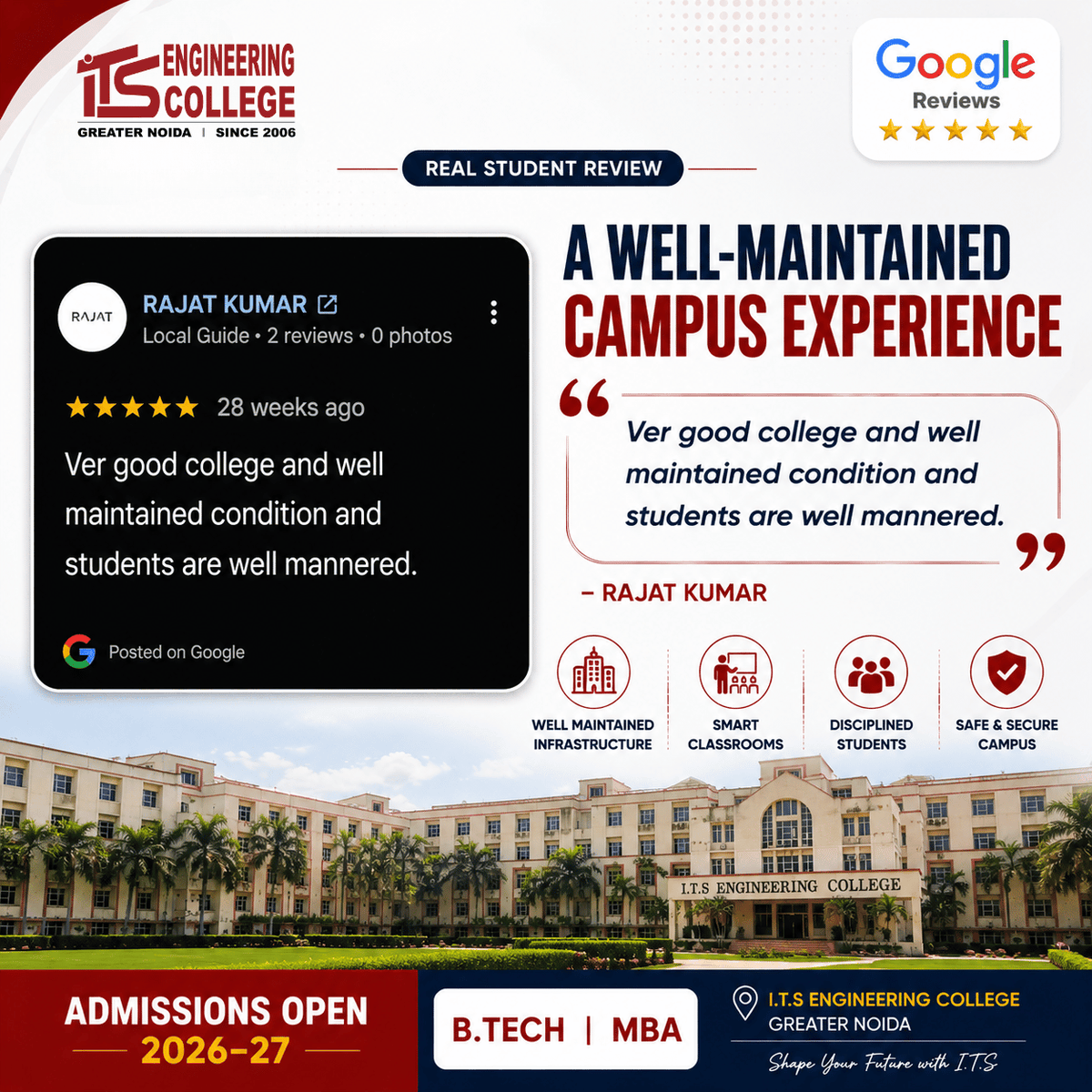 ITSEngggn's tweet photo. Our students say it best!
From innovation and extracurricular activities to a vibrant campus environment, here's what students love about I.T.S Engineering College, Greater Noida.

Swipe through real Google Reviews and discover why students choose I.T.S. https://t.co/B2cpXBgXS0