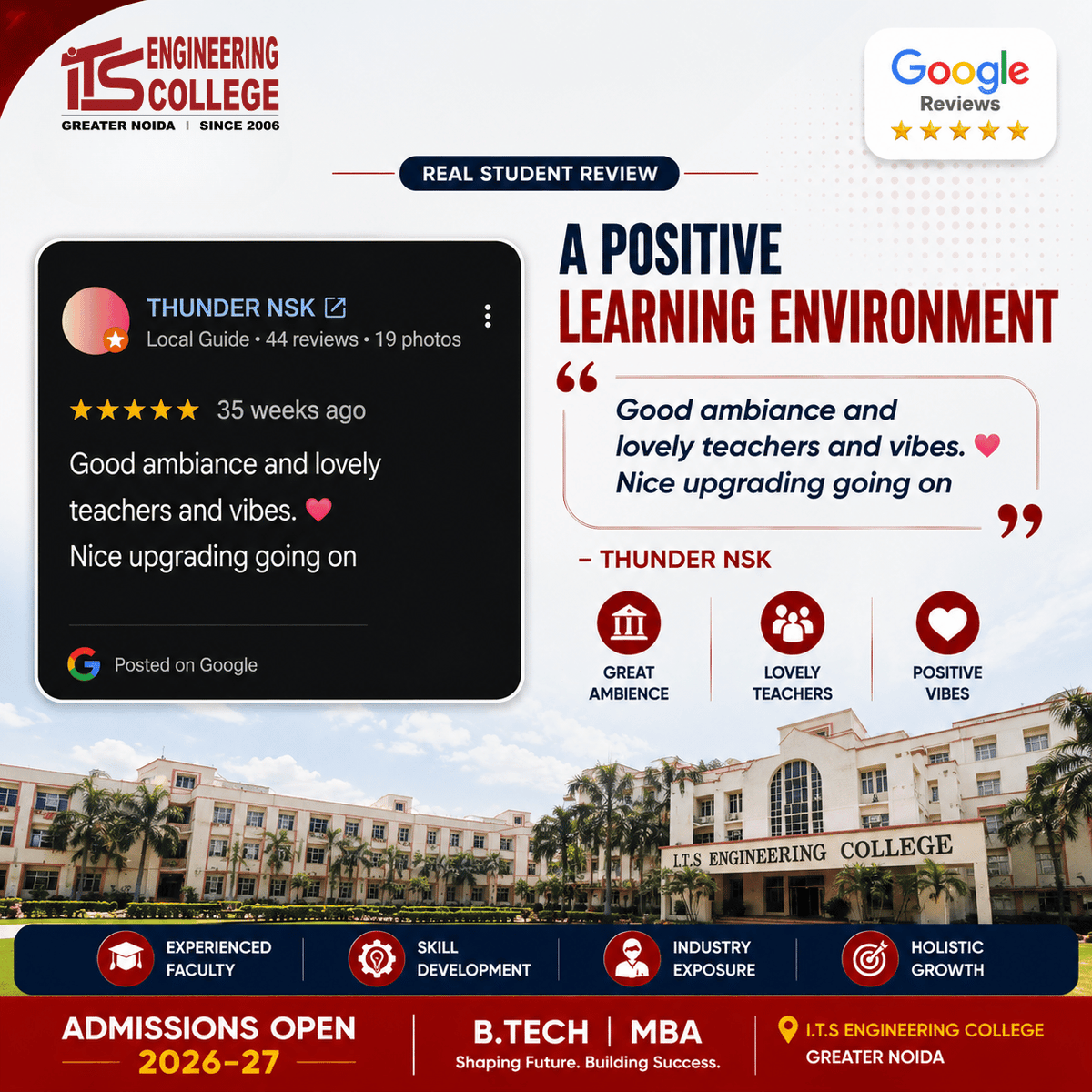 ITSEngggn's tweet photo. Our students say it best!
From innovation and extracurricular activities to a vibrant campus environment, here's what students love about I.T.S Engineering College, Greater Noida.

Swipe through real Google Reviews and discover why students choose I.T.S. https://t.co/B2cpXBgXS0