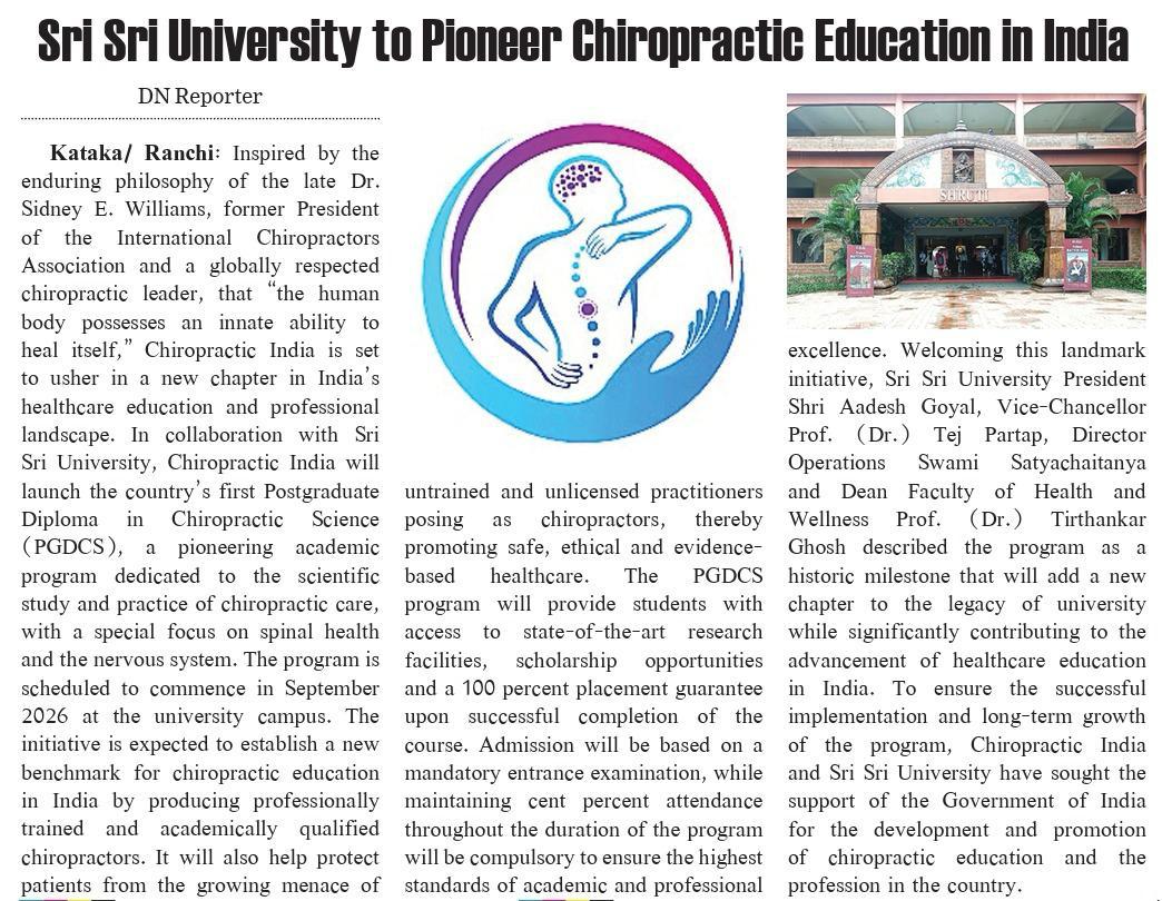 FHW_SSU's tweet photo. A milestone for healthcare education! Sri Sri University's Faculty of Health &amp; Wellness will launch India's first PG Diploma in Chiropractic Science (PGDCS) in Sept. 2026, advancing evidence-based chiropractic education in collaboration with Chiropractic India.
#Chiropractic https://t.co/CMrWtdqtPK