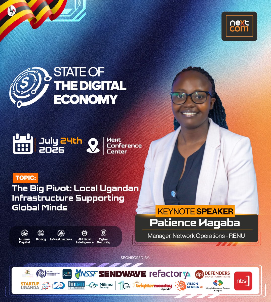 RENU_256's tweet photo. This is a friendly reminder that our Network Operations Manager, Patience Nagaba (@nagabapatie), will be representing RENU at the State of the Digital Economy 2026, taking place today, 24th July 2026, at the Next Conference Centre.

Patience will deliver a keynote titled "The Big Pivot: Local Ugandan Infrastructure Supporting Global Minds," where she will share how resilient, locally built digital infrastructure is enabling research, education, innovation, and positioning Uganda to seize global digital opportunities.

Her keynote is scheduled for 11:00 a.m. EAT.

You can follow the discussions live on NBS Television and across Next Media's digital platforms as Uganda's digital leaders shape the future of the country's digital economy.

We encourage you to tune in.

@nextmediaug