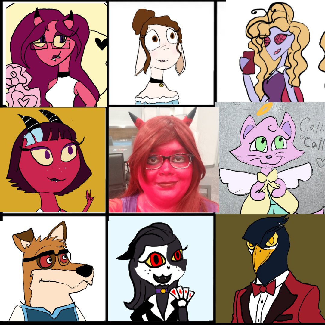 blitzora's tweet photo. These aren't even all of my Hellaverse OCs 
(Zora, Celeste, Dolly, Dawn, me as Zora, Calliope, Artie, Tux, Cedric) https://t.co/dGzevPkst5