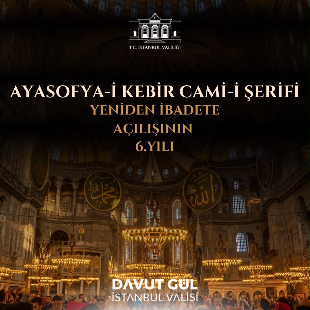 gul_davut's tweet photo. Cumhurbaşkanımız Sayın Recep Tayyip Erdoğan'ın imzasıyla yayımlanan kararla Ayasofya-i Kebîr Cami-i Şerifi'nin ibadete açılışının üzerinden 6 yıl geçti.

Medeniyetimizin en kıymetli emanetlerinden, fethin sembolü Ayasofya-i Kebîr Cami-i Şerifi, yeniden ibadete açılışının 6. yılında da milletimizin birlik ve beraberliğinin, tarihine ve değerlerine bağlılığının en güçlü nişanelerinden biri olmayı sürdürüyor.

Rabbim ezan sesini bu kutlu kubbelerden ilelebet eksik etmesin.

#Ayasofya 🇹🇷
#İstanbul🇹🇷