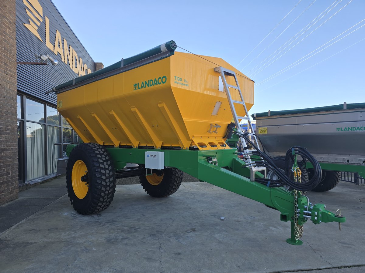 LANDACOE's tweet photo. T130 out the door this week - 2m track on 480/80R30 tyres, ISOBUS variable rate, set up to spread urea at 36m. Off to a customer who already runs our Landaco and Bunning spreaders, back for another machine. Built start to finish here in Wagga. https://t.co/BUut3NvRrA