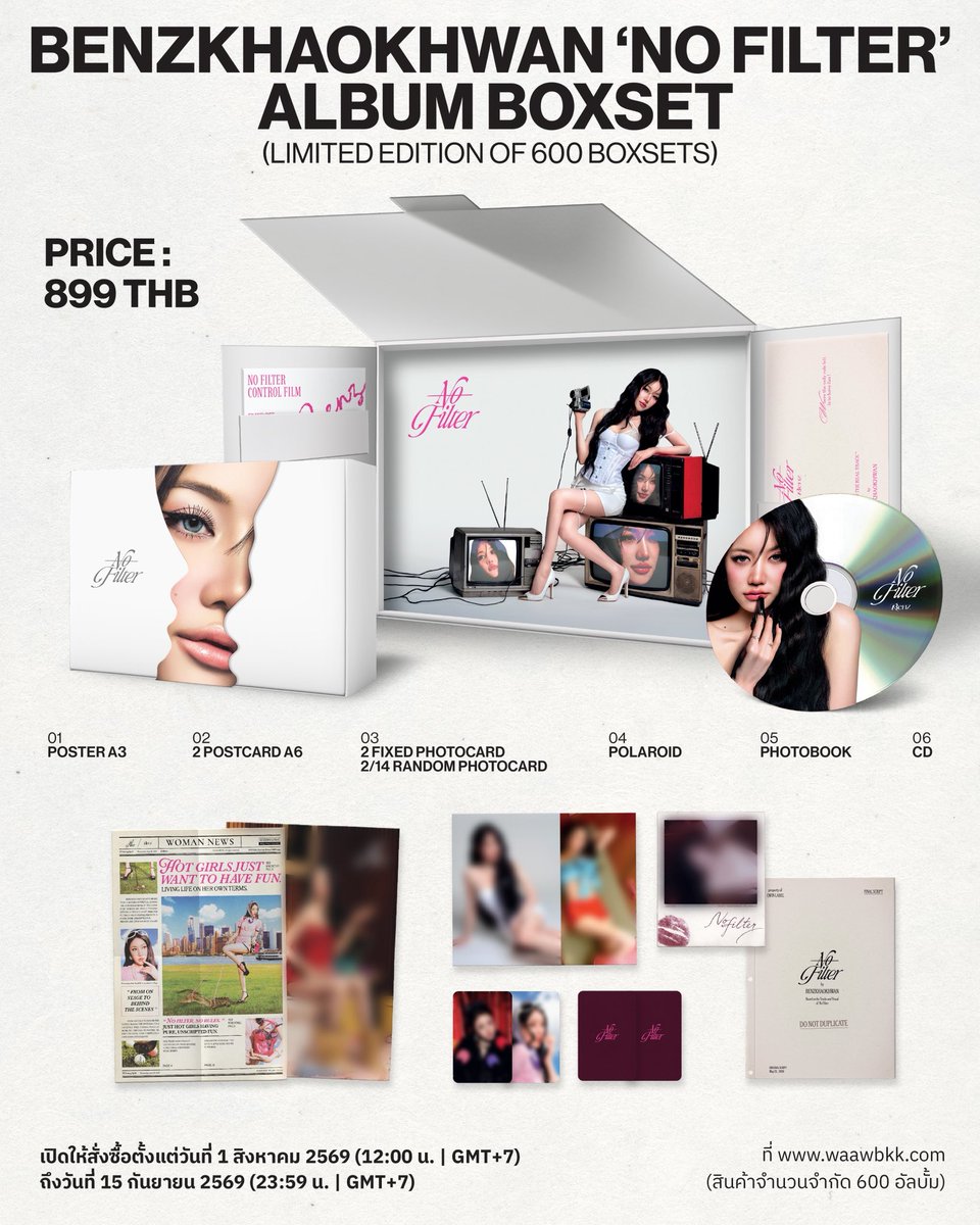 Qwinlabel's tweet photo. BENZKHAOKHWAN ‘No Filter’ Album Boxset 
(Limited Edition of 600 Boxsets)

เปิดให้สั่งซื้อระหว่างวันที่ 1 สิงหาคม 2569 (12:00 น. GMT+7) ถึง 15 กันยายน 2569 (23:59 น. GMT+7) ที่ https://t.co/uykjtBuGow (จำนวนจำกัดเพียง 600 Boxsets)

สำหรับผู้ที่สั่งซื้อ BENZKHAOKHWAN ‘No Filter’ Album Boxset ร่วมลุ้นสิทธิ์เป็นผู้โชคดีเข้าร่วมงาน BENZKHAOKHWAN ‘No Filter’ Album Fansign ในวันเสาร์ที่ 31 ตุลาคม 2569 จำนวน 300 คน โดยจะสุ่มรายชื่อจากผู้ที่สั่งซื้อและชำระเงินสำเร็จภายในระบบเรียบร้อยแล้ว

ผู้ที่สั่งซื้อจะได้รับ 1 สิทธิ์ต่อการสั่งซื้อ 1 Boxset โดยผู้ที่สั่งซื้อหลาย Boxsets จะได้รับสิทธิ์ลุ้นเป็นผู้โชคดีตามจำนวนที่สั่งซื้อ และสามารถได้รับสิทธิ์เข้าร่วมงาน Fansign มากกว่า 1 สิทธิ์

BENZKHAOKHWAN 'No Filter' Album Boxset
(Limited Edition Only 600 Boxsets Available)

Orders open from August 1, 2026 (12:00 PM GMT+7) until September 15, 2026 (11:59 PM GMT+7) at https://t.co/uykjtBuGow. (Limited to 600 boxsets.)

Customers who purchase the BENZKHAOKHWAN 'No Filter' Album Boxset will have a chance to win a spot at the BENZKHAOKHWAN 'No Filter' Album Fansign event on Saturday, October 31, 2026. A total of 300 winners will be randomly selected from customers whose orders have been successfully completed and fully paid.

Each Album Boxset purchased counts as one (1) entry into the draw. Customers who purchase multiple boxsets will receive the corresponding number of entries. A single customer may be selected multiple times based on the number of eligible entries.

#NOFILTER_KKB
#BENZKHAOKHWAN
#QWINLABEL
@Benzkhaokhwan