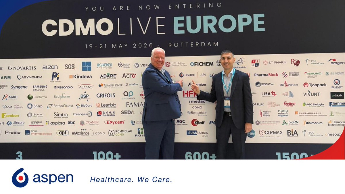 aspenpharma's tweet photo. Strengthening partnerships, advancing innovation and showcasing Aspen API on the global stage at CDMO Live Europe 2026. Together, we're building the future of pharmaceutical manufacturing.
#AspenAPI #CDMO #AspenWeCare #Partnerships #BusinessGrowth #ProudlyAspen https://t.co/D3CzeRsFyQ